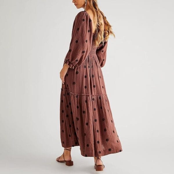 Women's floral printed maxi dress with puff sleeves and pockets