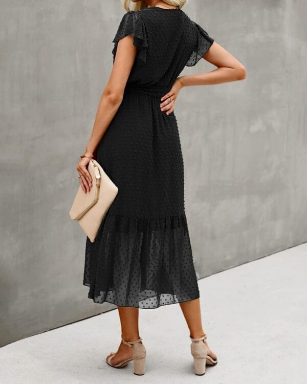 Women's white floral wrap midi dress with ruffle hem, summer style