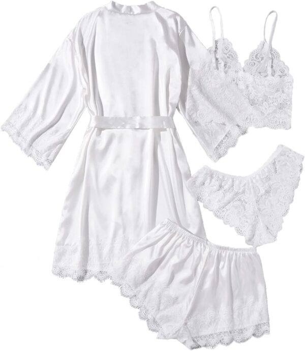 Luxury silk pajama sets featuring floral lace cami and robe