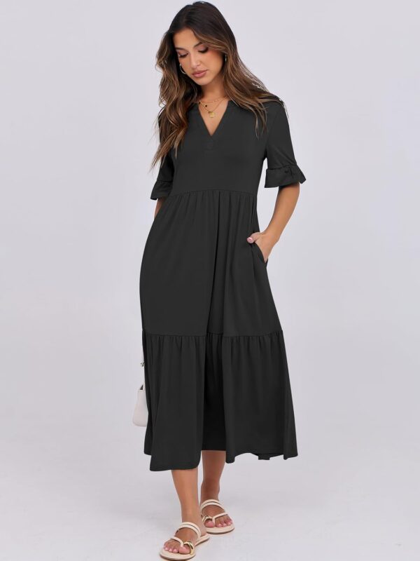 Women's flowy maxi dress with ruffle V-neck design, perfect for summer