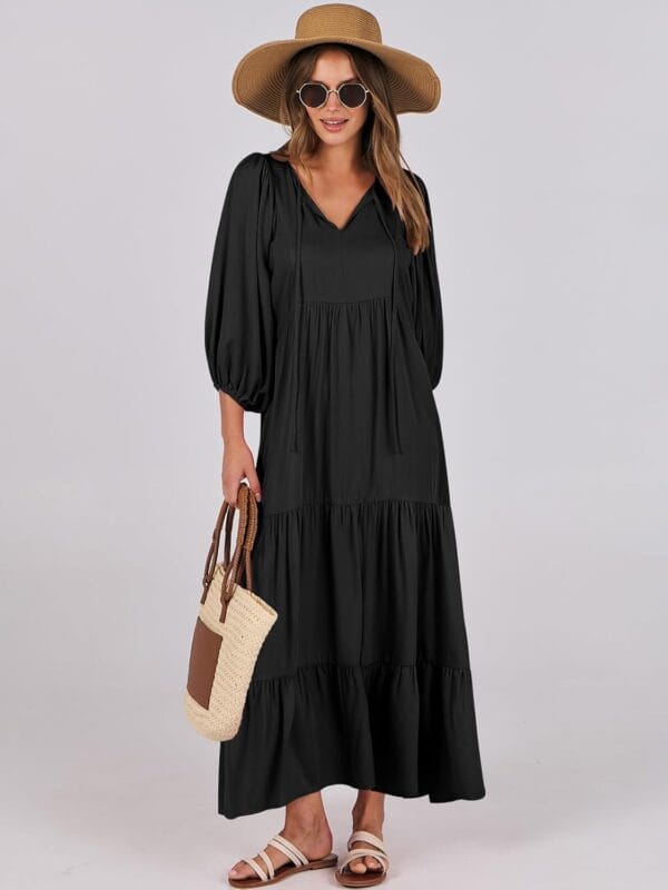 Women's floral V-neck Bohemian maxi dress with puff sleeves