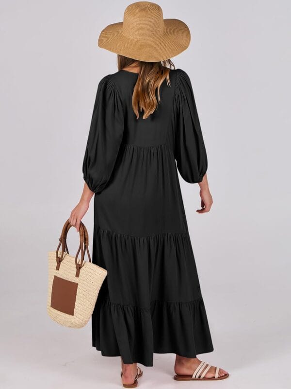 ANRABESS Women's floral V neck puff sleeve maxi dress in flowy style