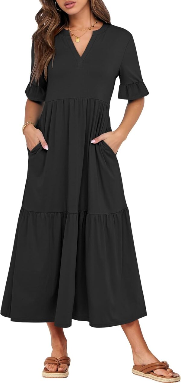 Women's flowy summer maxi dress with ruffles and V-neckline