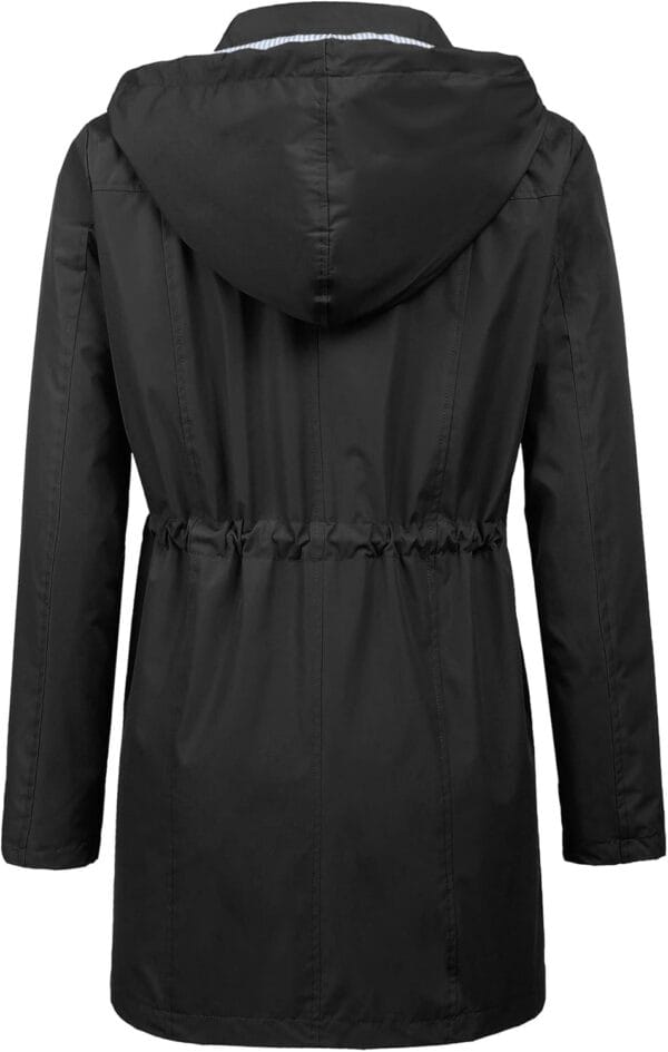 Women's long hooded waterproof trench coat in black, perfect for travel