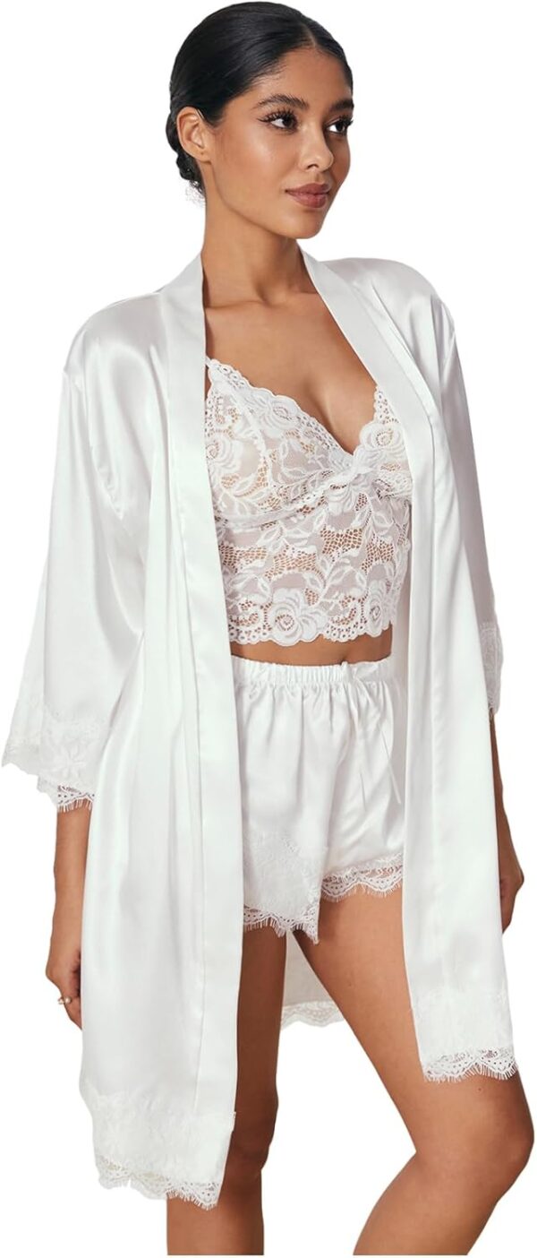 Luxury silk pajama set featuring floral lace cami and matching robe