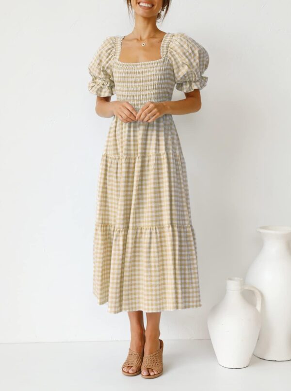 Women's plaid beach midi dress with puff sleeves and ruffle details