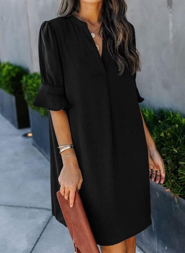 Women's V Neck short sleeve solid color shift dress, perfect for summer styling