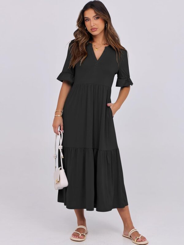 Flowy ruffle V neck women's casual maxi dress in light color