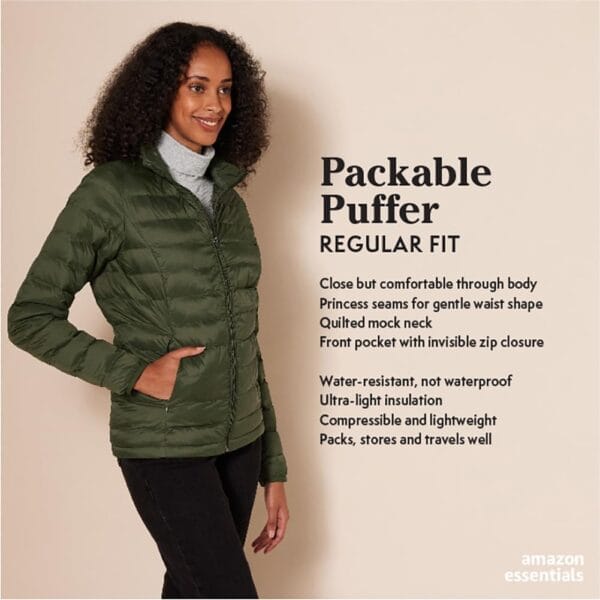 Lightweight women's packable puffer jacket in blue, front view