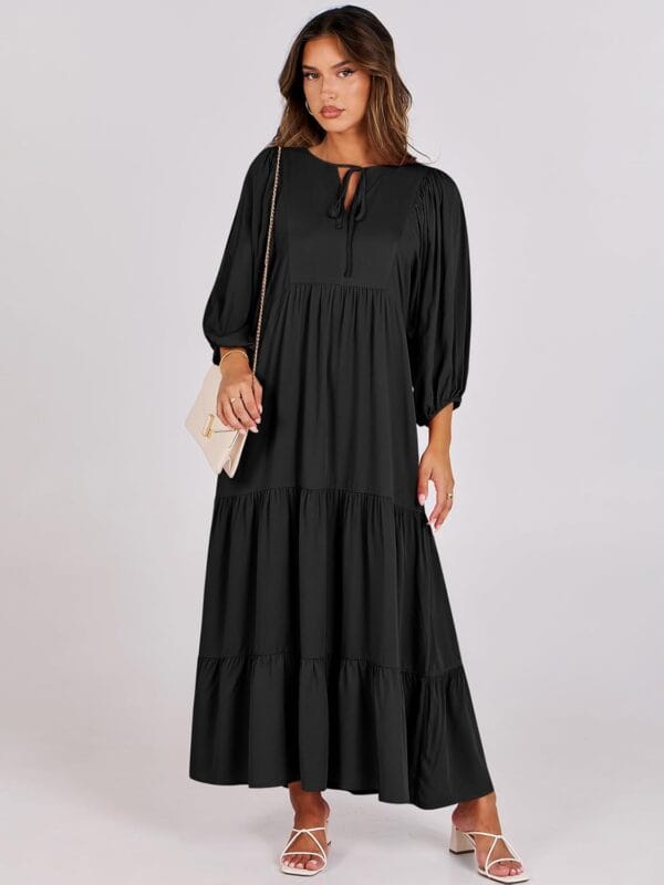 Women's floral Bohemian maxi dress with puff sleeves and V-neck design