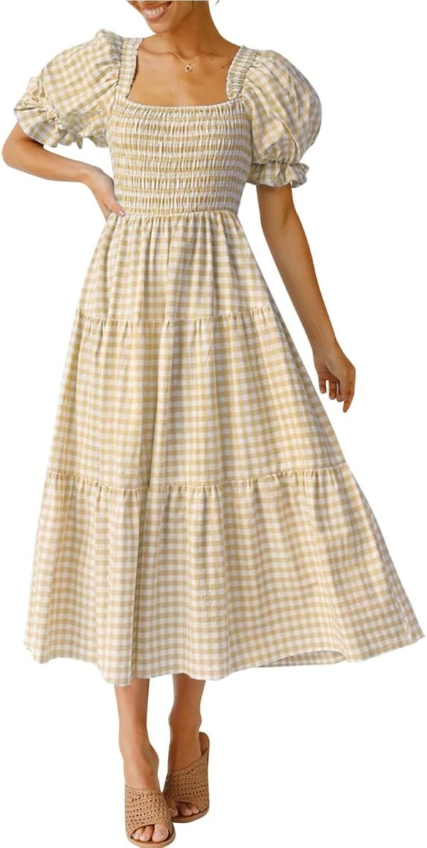 Women's plaid beach midi dress with puff sleeves and ruffle details