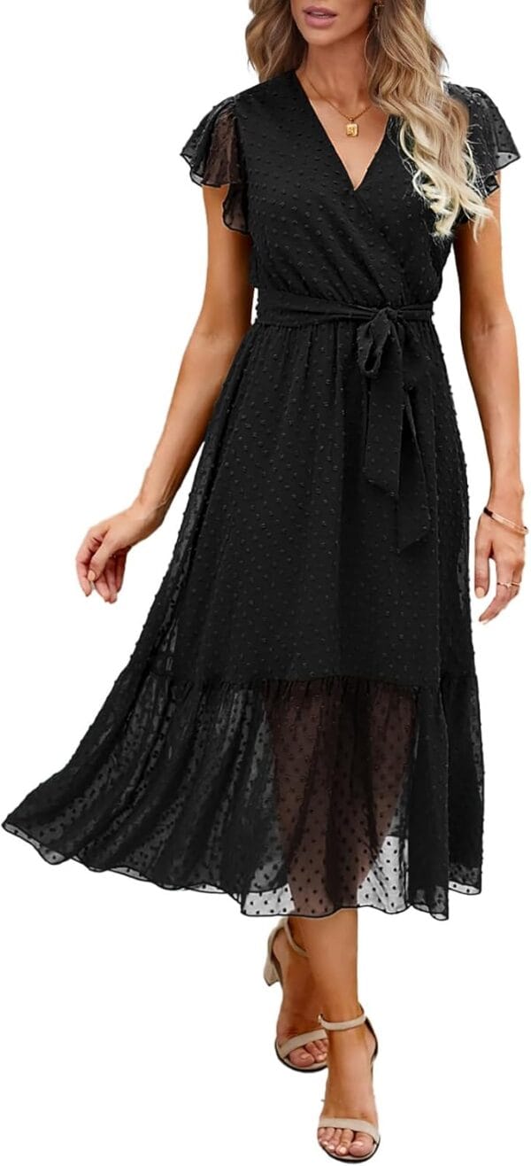 Women's white floral wrap midi dress with ruffle hem displayed front view