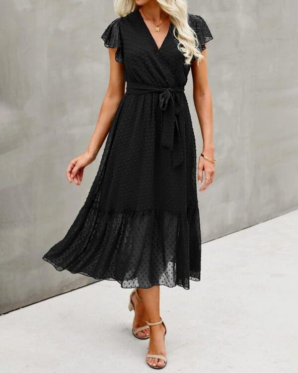 Women's white floral wrap dress with ruffle hem, casual midi style