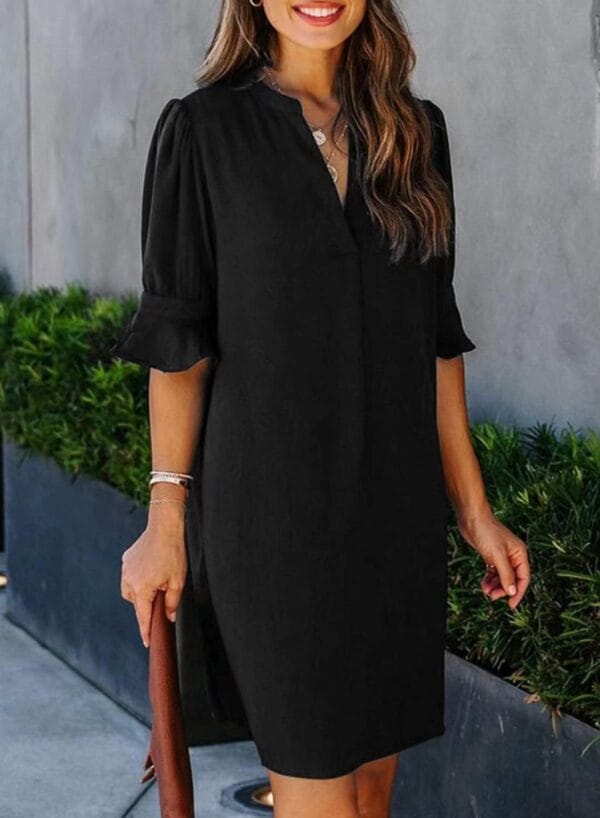 Women's V Neck short sleeve solid color summer shift dress front view