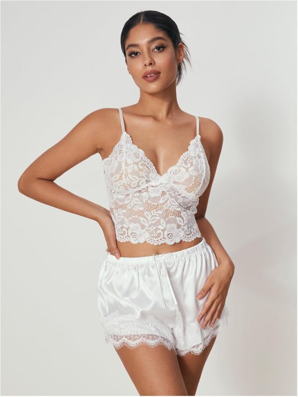 Luxury silk pajama set with floral lace details in soft colors