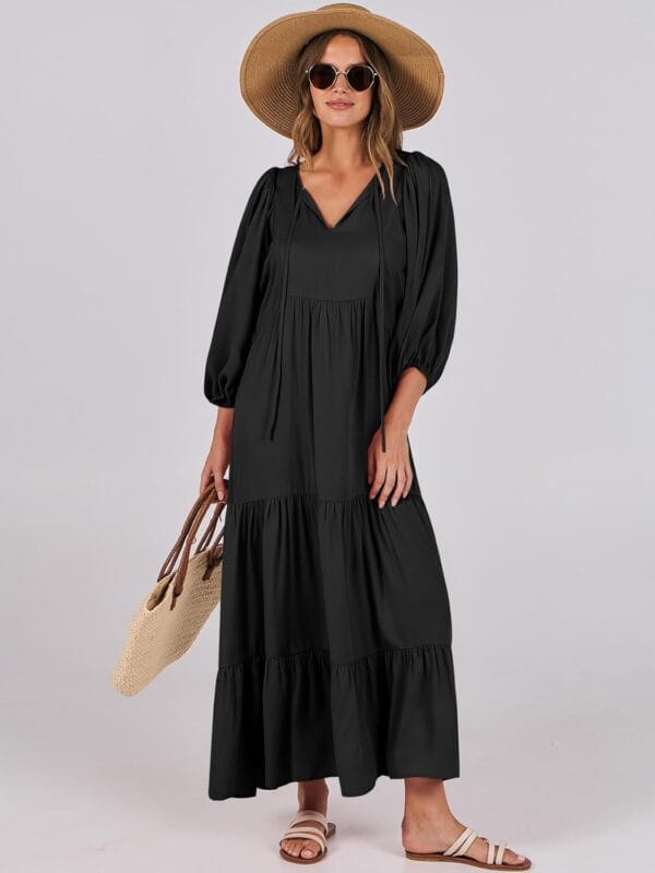 ANRABESS women's floral maxi dress with puff sleeves and V-neckline