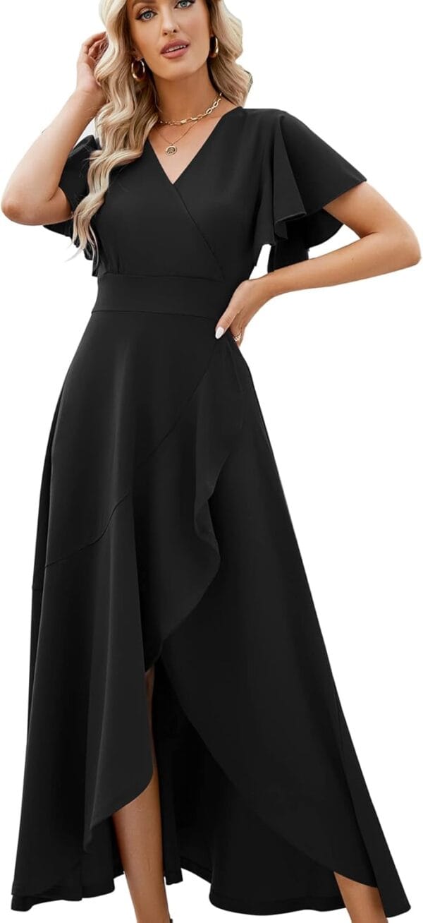 Elegant long black evening dress with ruffle details and V-neck design