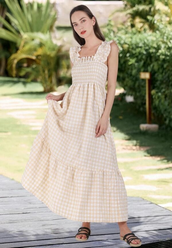 Women's best retro plaid smocked dress with spaghetti straps