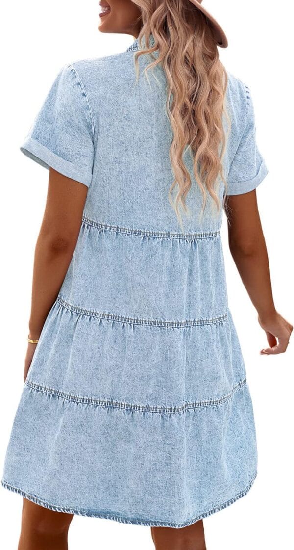 Women's short sleeve button down denim dress with tiered design
