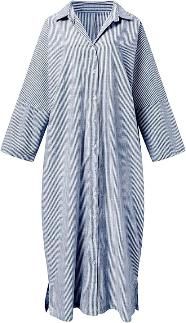 Women’s striped cotton long sleeve maxi dress in loose fit style