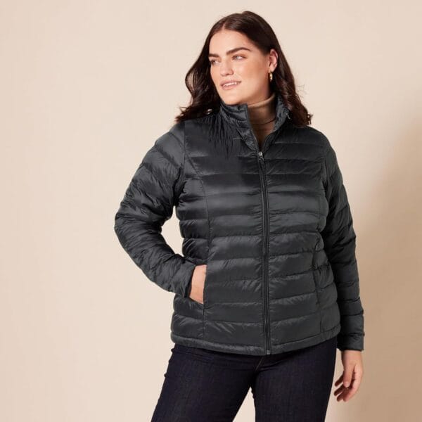 Women's lightweight packable puffer jacket in deep navy blue