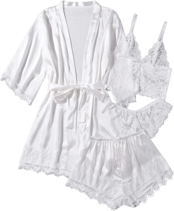 Luxury silk pajama sets featuring floral lace cami and robe for women