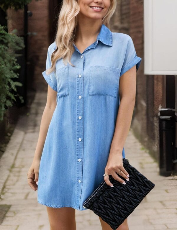 Women's short sleeve distressed denim shirt dress front view