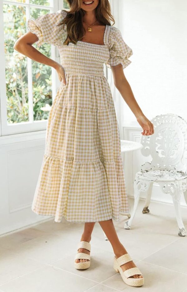 Women's Bohemian plaid beach midi dress with puff sleeves