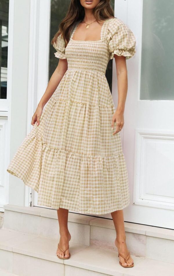 Women's plaid beach midi dress with puff sleeves and ruffle detailing