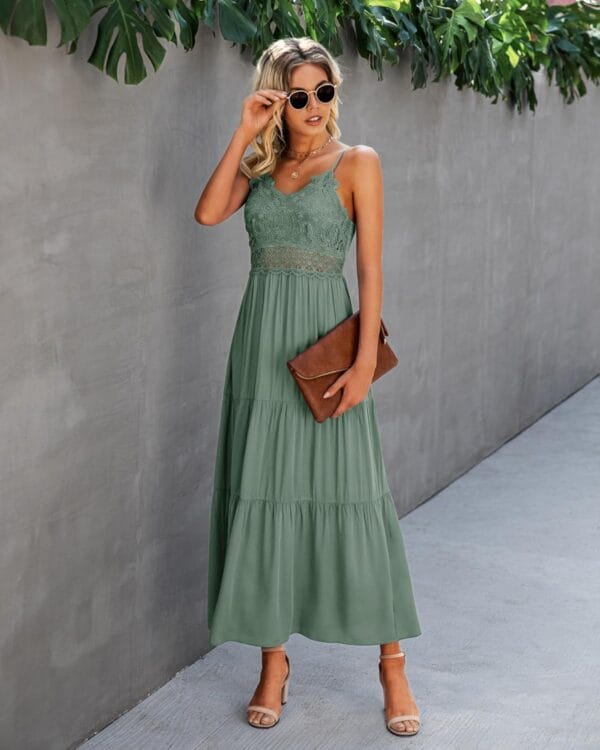 Women's crochet lace maxi dress with spaghetti straps, perfect for summer beach outings