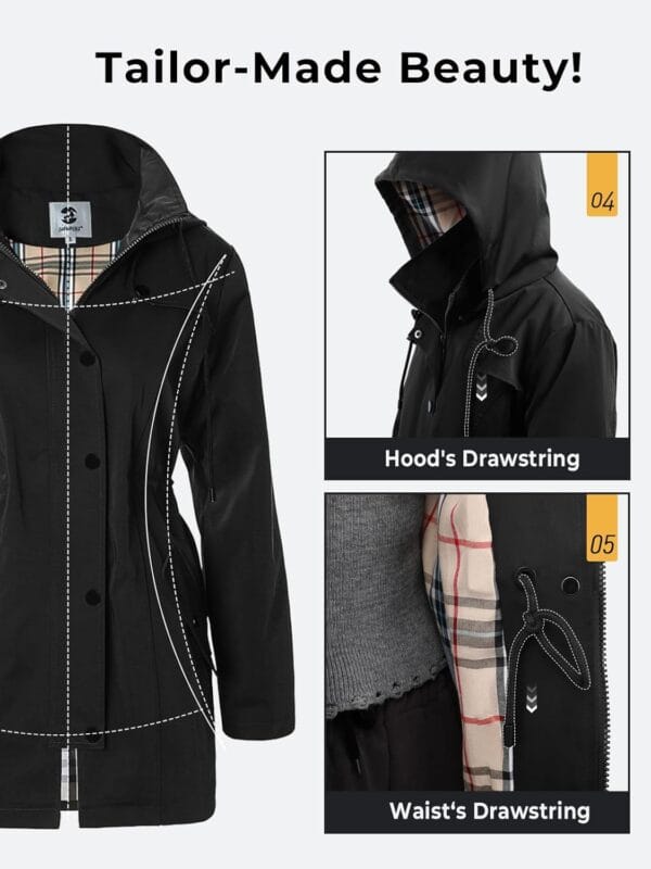 Stylish women's waterproof hooded rain jacket in navy blue color