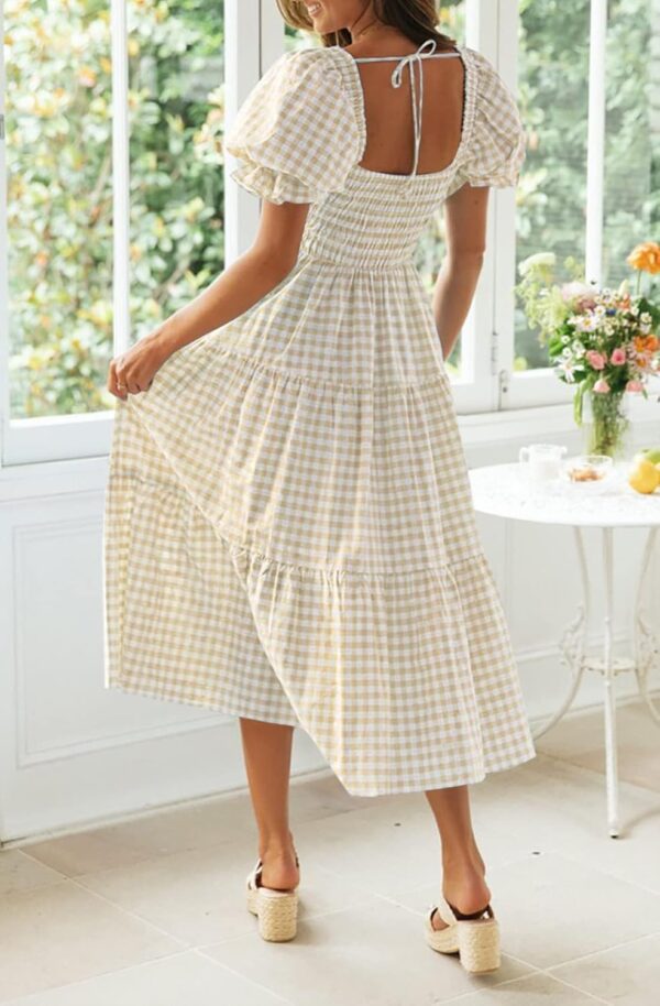 Women's plaid beach midi dress with puff sleeves and ruffle hem