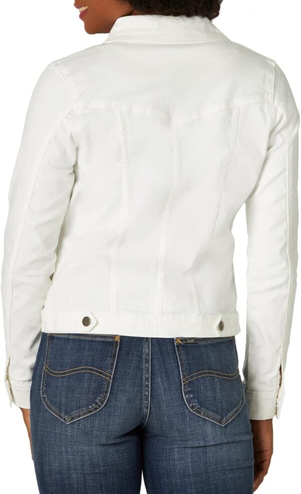 Plus size women's denim jacket in stylish blue color, front view