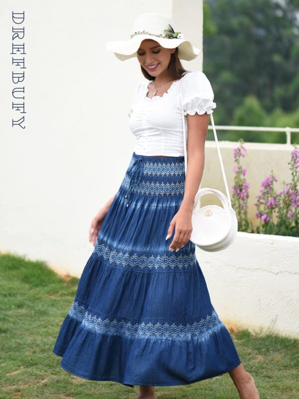 Women’s high waist pleated denim maxi skirt with tiered design