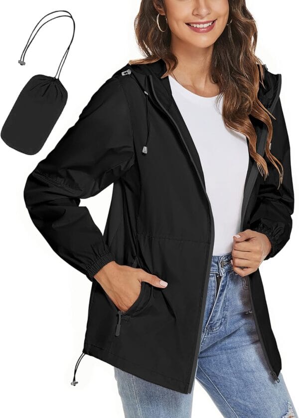 Lightweight portable rain jacket for women in vibrant blue color
