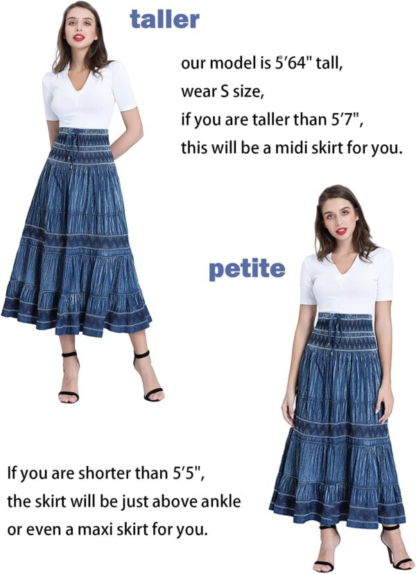 Womens high waist pleated maxi skirt in denim with elegant tiered design