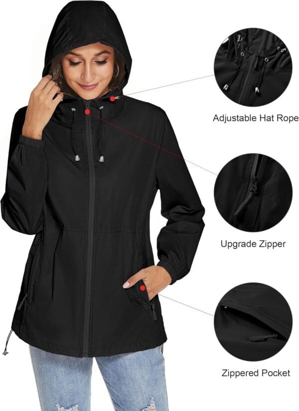 Lightweight portable rain jacket for women in bright coral color, front view