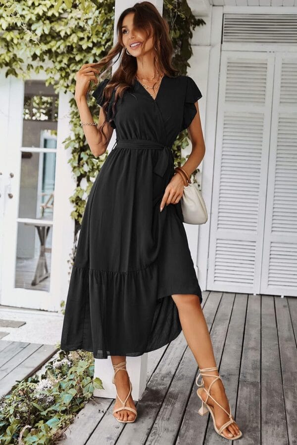 Short sleeve V-neck boho floral maxi dress with flowy A-line silhouette