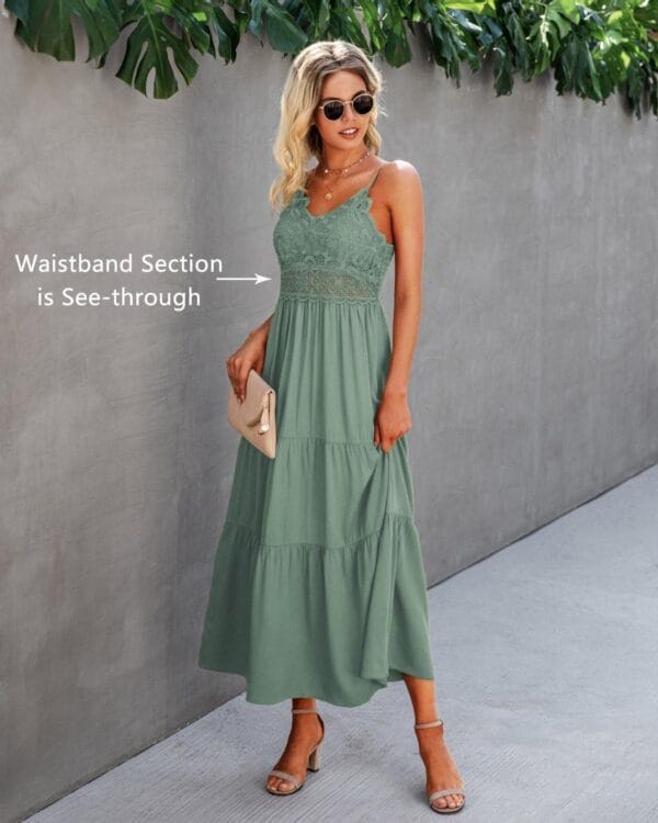 Women's crochet lace maxi dress in white, summer beach style, spaghetti strap