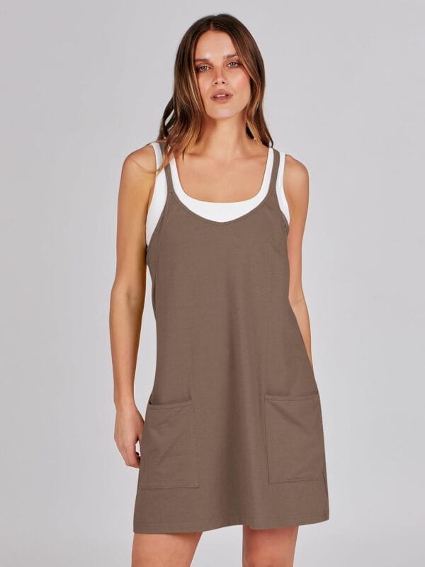 Women's summer tennis dress with built-in shorts shown front view