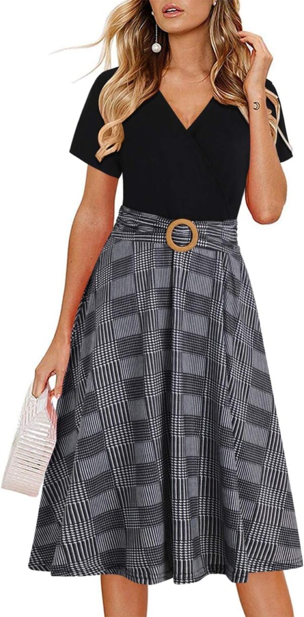 Elegant criss-cross V-neck work dress for women in casual fit with pockets