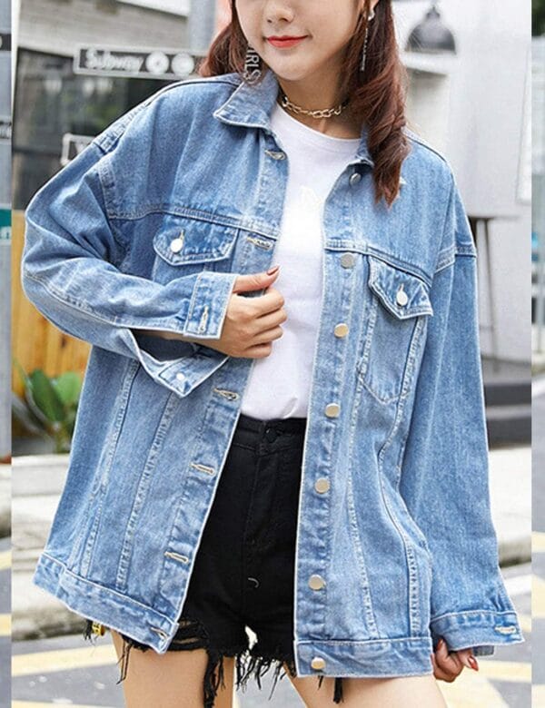 Women's oversized denim jacket, mid-length, stylish biker design