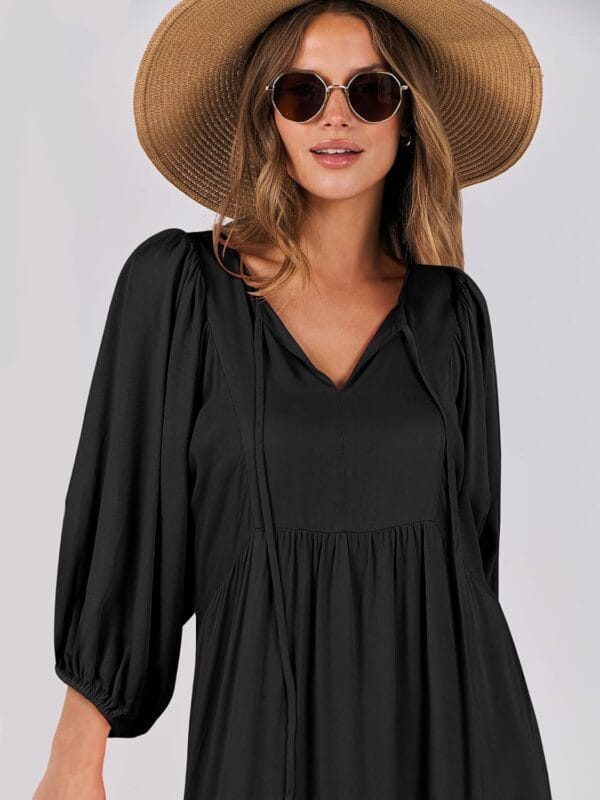 ANRABESS women's floral V-neck puff sleeve maxi dress front view