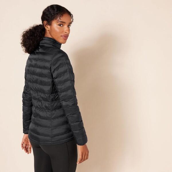 Women's lightweight long sleeve puffer jacket in teal, water-resistant feature.