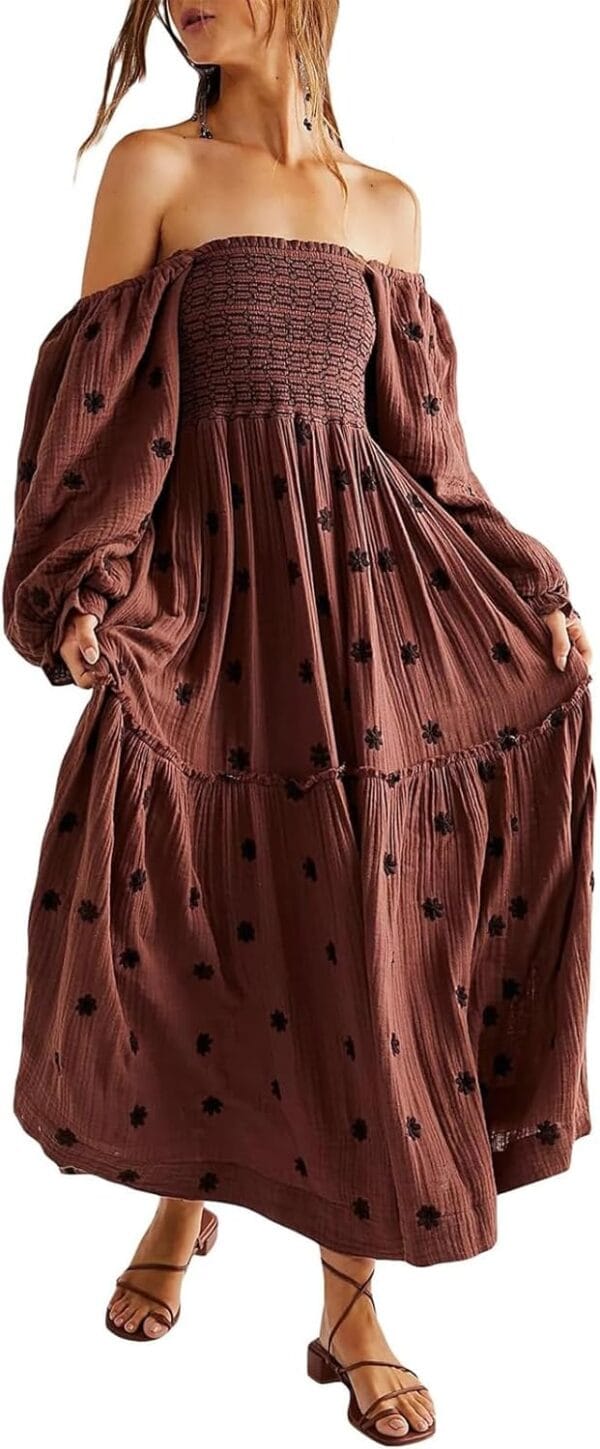 Women's floral maxi dress with puff sleeves and pockets, front view