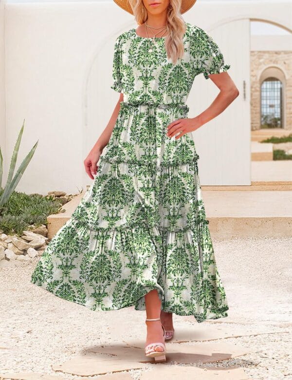 Women's casual bohemian maxi dress in floral print with puff sleeves