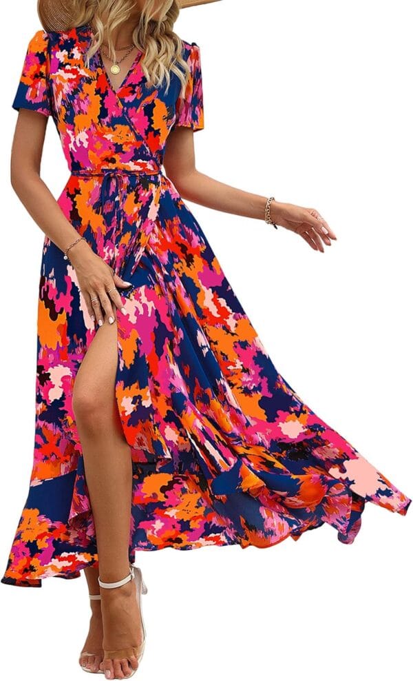 Women's floral boho wrap dress with short sleeves and V-neck design