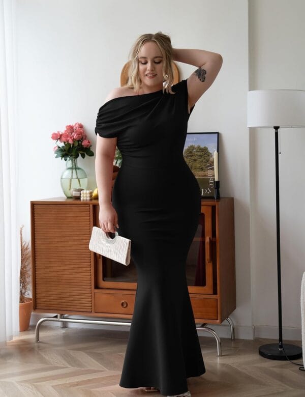 Elegant bodycon evening dress in sleeveless off-shoulder style, showcasing a fitted silhouette