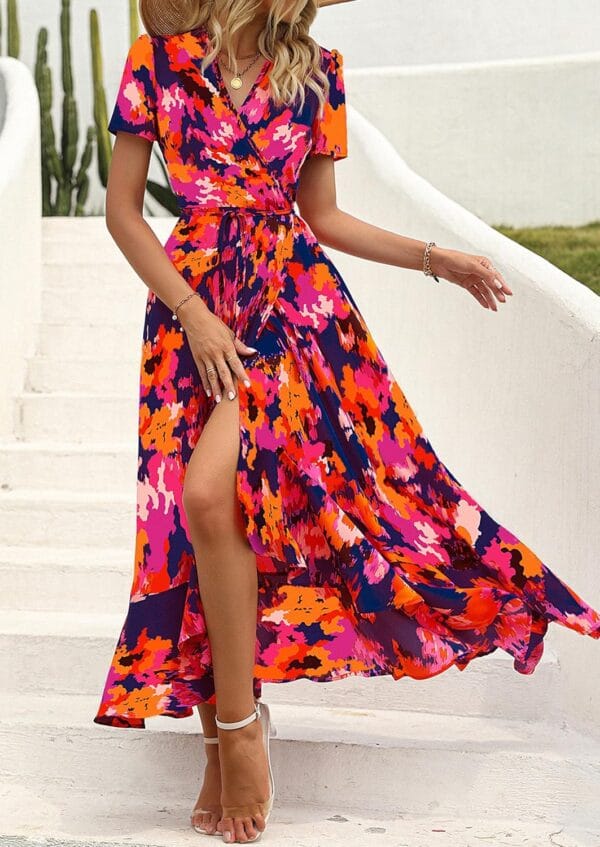 Women's floral boho wrap dress with short sleeves and V neck