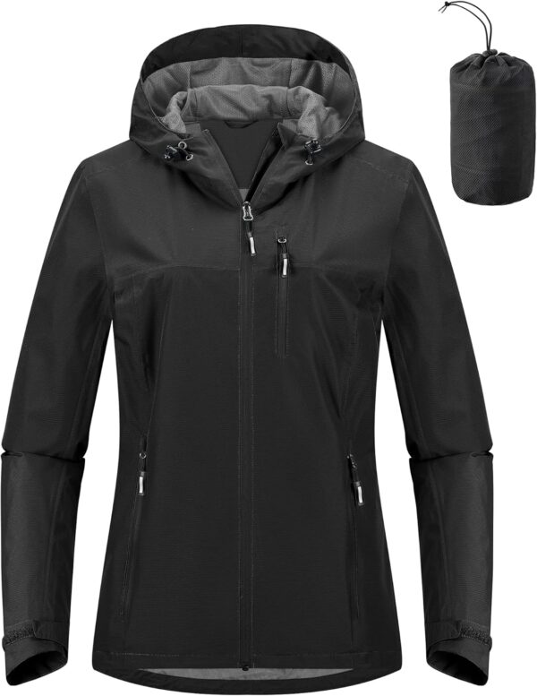 Lightweight hooded rain jacket for women in bright color front view